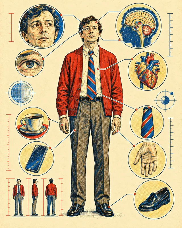 Lámina científica de un hombre de pie, con rebeca roja y corbata, rodeado de detalles numerados: su cara, un ojo, el cerebro, el corazón, la corbata, la mano, el zapato, una taza de café y un móvil.